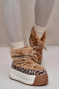 Damskie Big Star Shoes Skórzane Śniegowce Damskie Na Grubej Podeszwie Z Futerkiem Panterka Big Star OO274A208 Brązowe