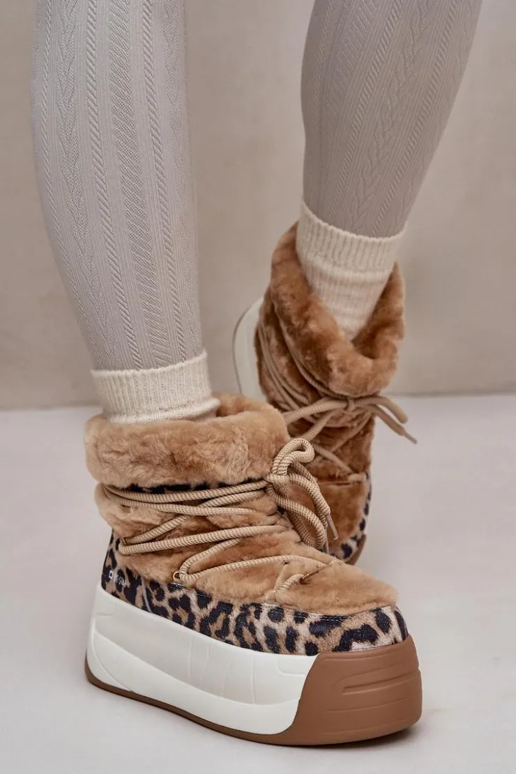 Damskie Big Star Shoes Skórzane Śniegowce Damskie Na Grubej Podeszwie Z Futerkiem Panterka Big Star OO274A208 Brązowe