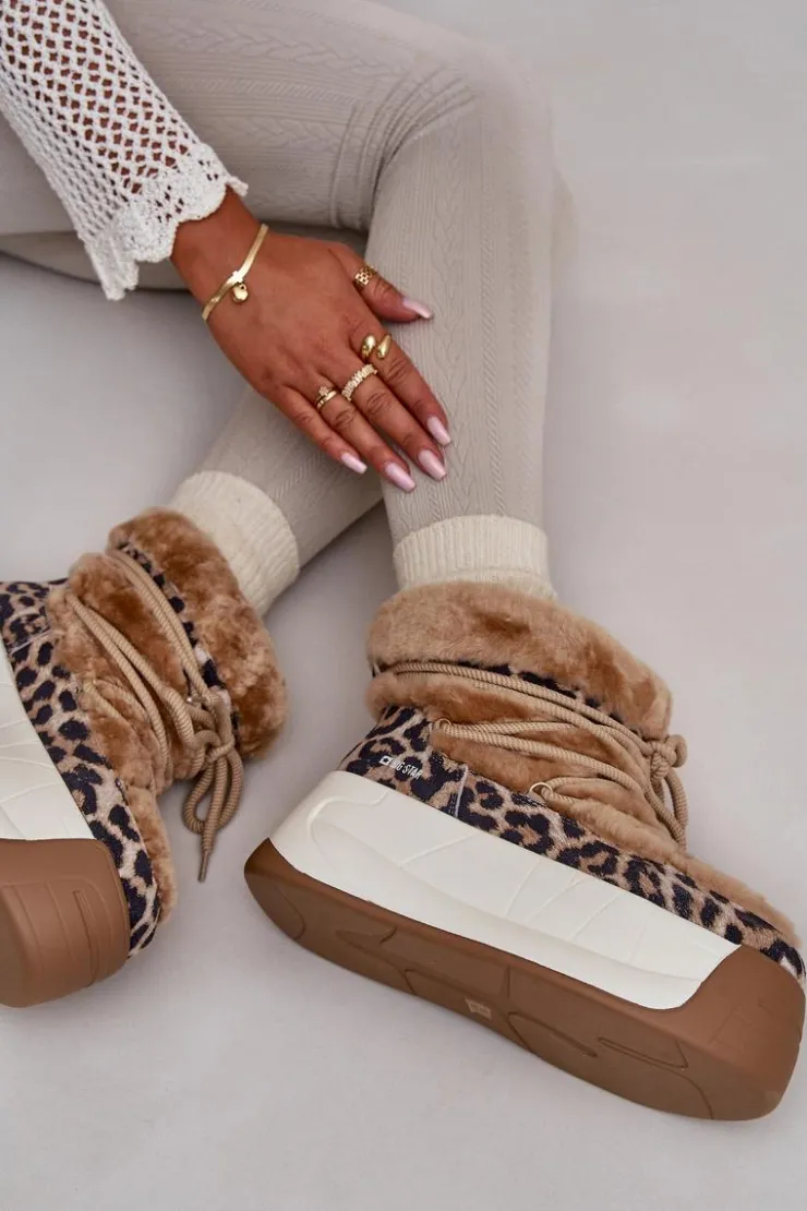 Damskie Big Star Shoes Skórzane Śniegowce Damskie Na Grubej Podeszwie Z Futerkiem Panterka Big Star OO274A208 Brązowe