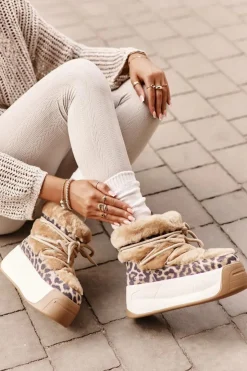 Damskie Big Star Shoes Skórzane Śniegowce Damskie Na Grubej Podeszwie Z Futerkiem Panterka Big Star OO274A208 Brązowe