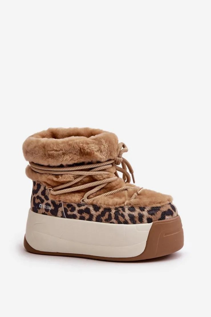Damskie Big Star Shoes Skórzane Śniegowce Damskie Na Grubej Podeszwie Z Futerkiem Panterka Big Star OO274A208 Brązowe