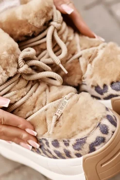 Damskie Big Star Shoes Skórzane Śniegowce Damskie Na Grubej Podeszwie Z Futerkiem Panterka Big Star OO274A208 Brązowe