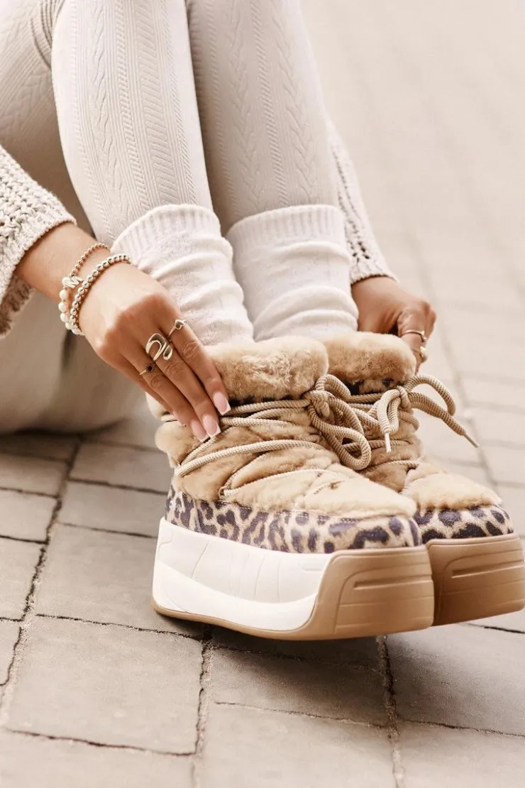 Damskie Big Star Shoes Skórzane Śniegowce Damskie Na Grubej Podeszwie Z Futerkiem Panterka Big Star OO274A208 Brązowe