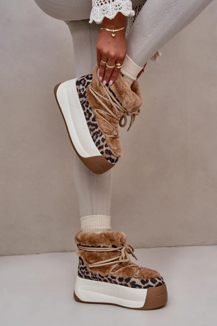 Damskie Big Star Shoes Skórzane Śniegowce Damskie Na Grubej Podeszwie Z Futerkiem Panterka Big Star OO274A208 Brązowe