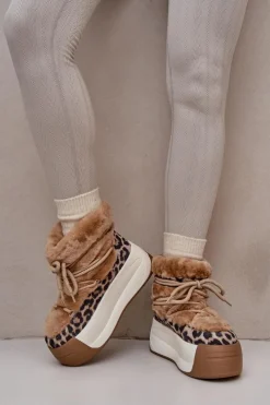 Damskie Big Star Shoes Skórzane Śniegowce Damskie Na Grubej Podeszwie Z Futerkiem Panterka Big Star OO274A208 Brązowe