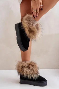 Damskie Boto Skórzane Śniegowce Na Platformie Z Futerkiem Czarne Avirisa