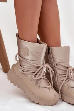 Damskie Lee Cooper Skórzane Śniegowce Na Platformie LCJ-25-12-3663 Beżowo-Złote