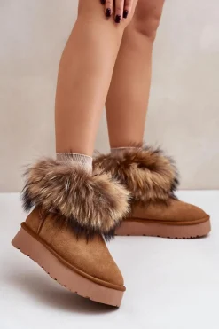 Sale Boto Skórzane Śniegowce Na Platformie Z Futerkiem Camel Avirisa Brązowy
