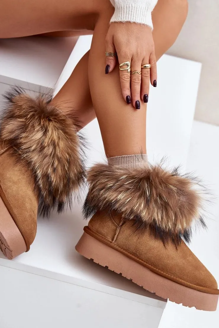 Sale Boto Skórzane Śniegowce Na Platformie Z Futerkiem Camel Avirisa Brązowy