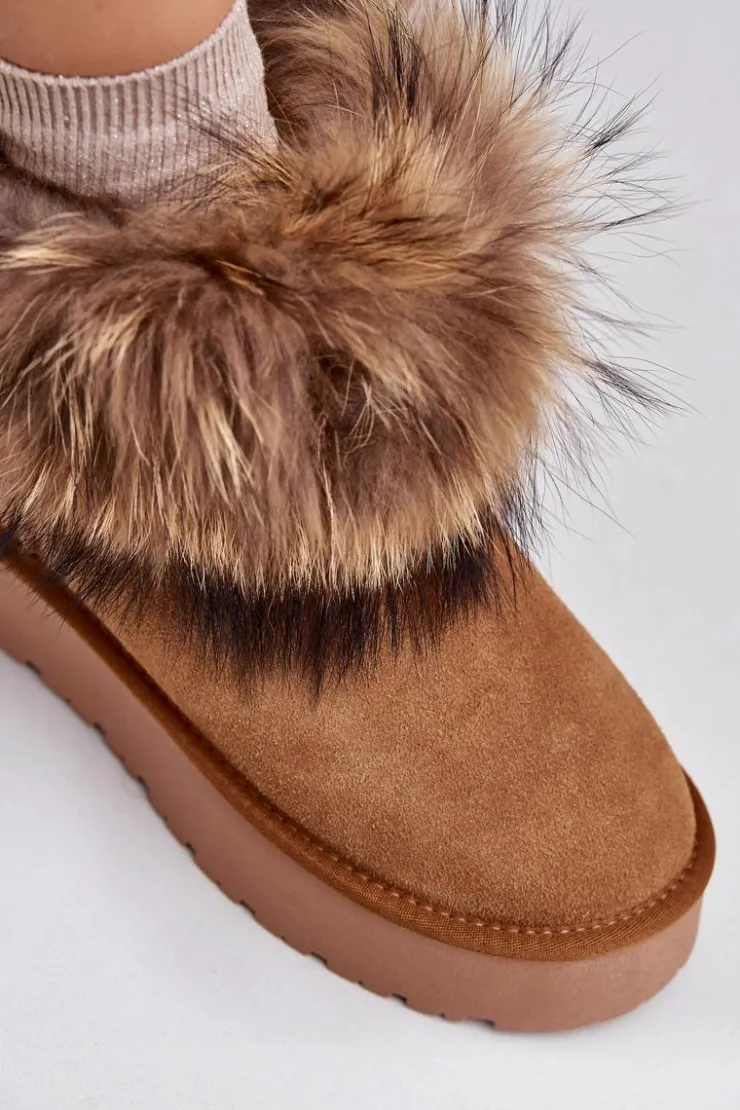 Sale Boto Skórzane Śniegowce Na Platformie Z Futerkiem Camel Avirisa Brązowy