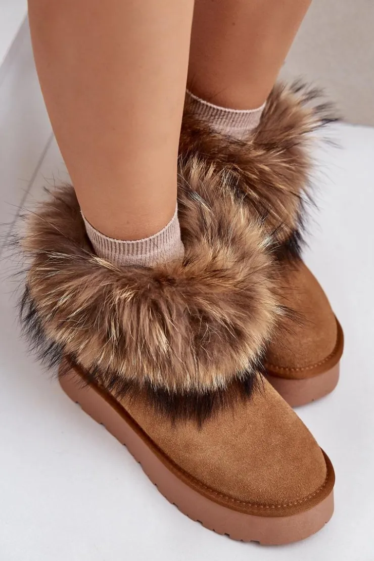 Sale Boto Skórzane Śniegowce Na Platformie Z Futerkiem Camel Avirisa Brązowy