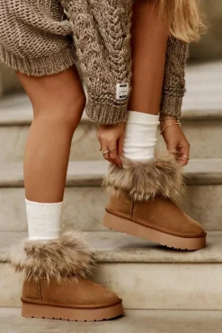 Sale Boto Skórzane Śniegowce Na Platformie Z Futerkiem Camel Avirisa Brązowy