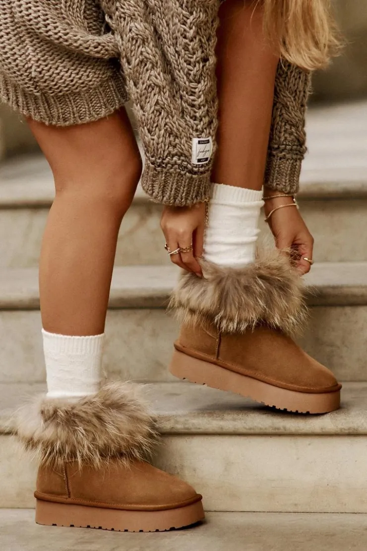 Sale Boto Skórzane Śniegowce Na Platformie Z Futerkiem Camel Avirisa Brązowy