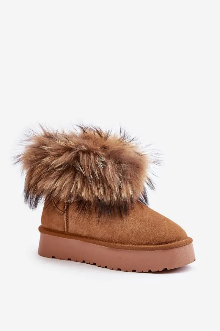 Sale Boto Skórzane Śniegowce Na Platformie Z Futerkiem Camel Avirisa Brązowy