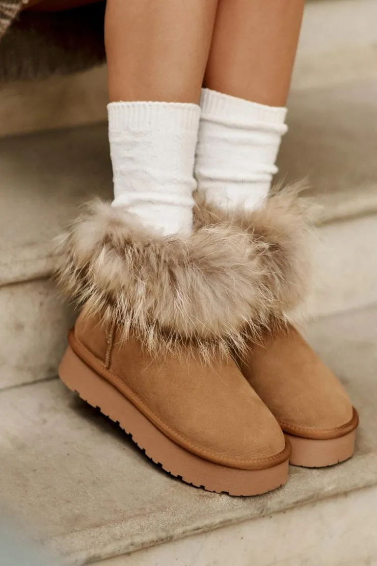 Sale Boto Skórzane Śniegowce Na Platformie Z Futerkiem Camel Avirisa Brązowy