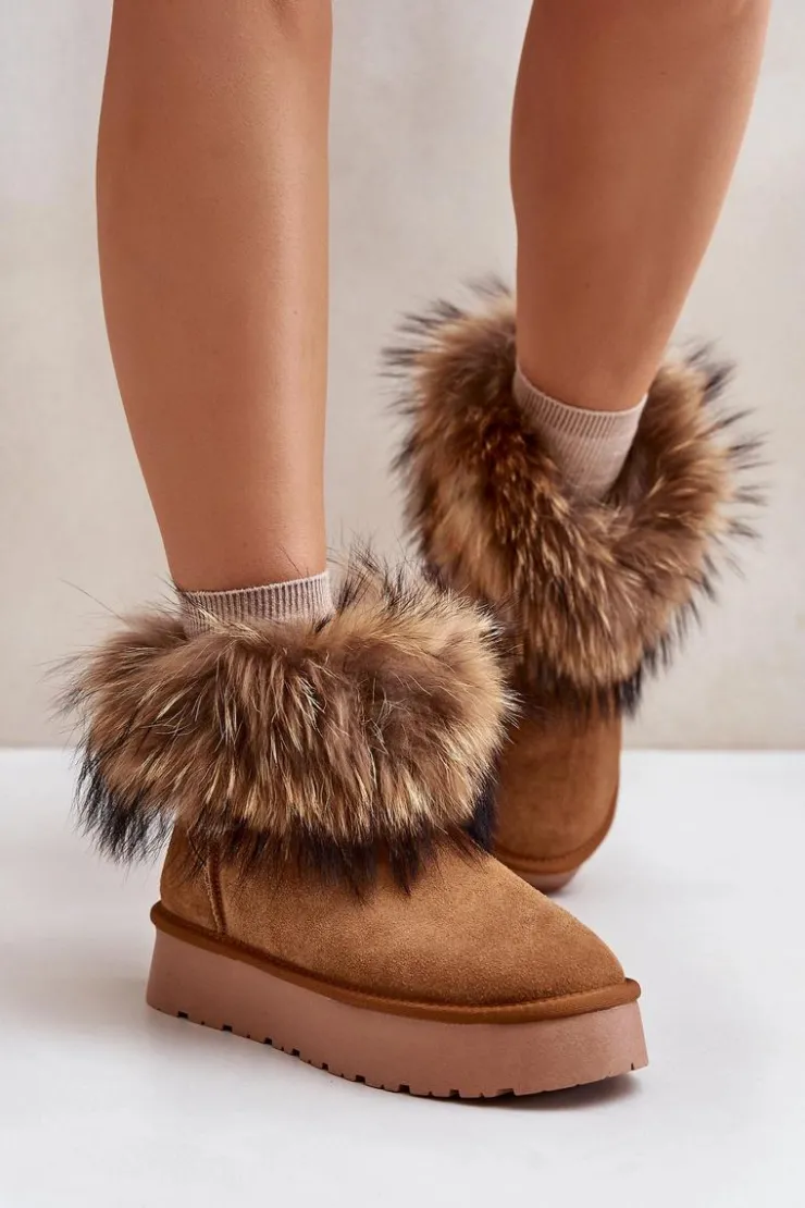 Sale Boto Skórzane Śniegowce Na Platformie Z Futerkiem Camel Avirisa Brązowy