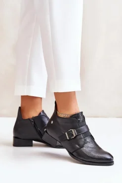 Damskie Maciejka Skórzane Niskie Botki Na Zamek 06692-01 Czarne