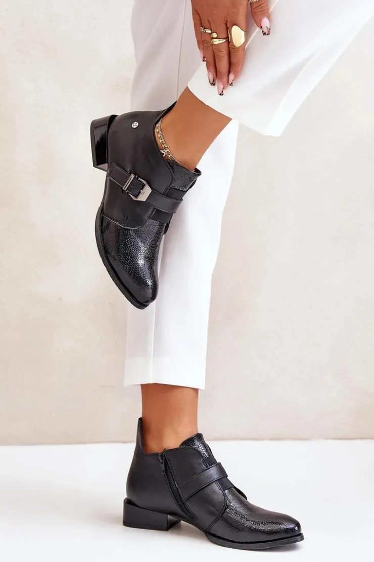 Damskie Maciejka Skórzane Niskie Botki Na Zamek 06692-01 Czarne