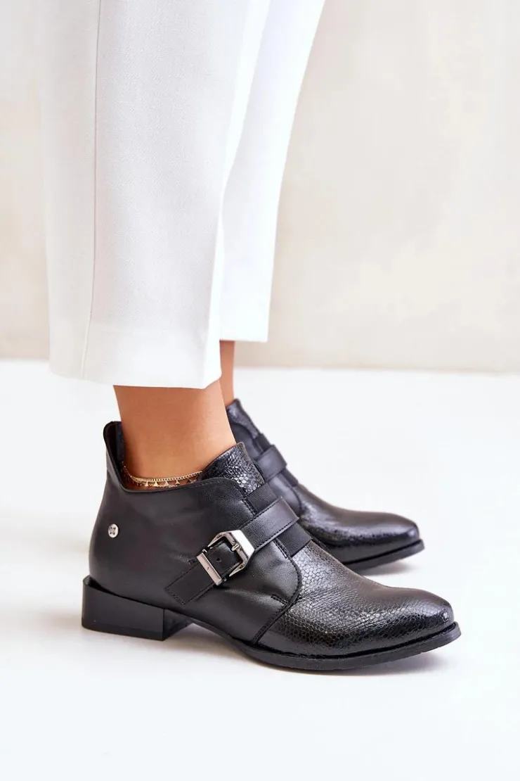 Damskie Maciejka Skórzane Niskie Botki Na Zamek 06692-01 Czarne