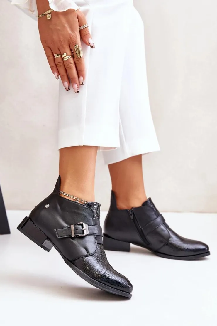 Damskie Maciejka Skórzane Niskie Botki Na Zamek 06692-01 Czarne