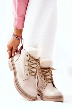 Boto Damskie Trapery|Botki Sznurowane*Skórzane Ocieplane Botki Beżowe Khaleni