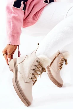 Boto Damskie Trapery|Botki Sznurowane*Skórzane Ocieplane Botki Beżowe Khaleni