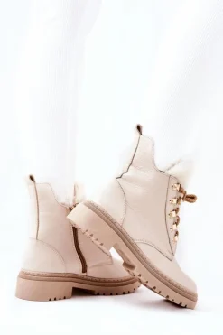 Boto Damskie Trapery|Botki Sznurowane*Skórzane Ocieplane Botki Beżowe Khaleni