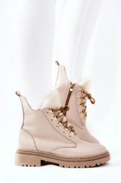 Boto Damskie Trapery|Botki Sznurowane*Skórzane Ocieplane Botki Beżowe Khaleni