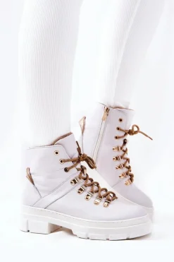 Boto Botki Skórzane|Botki Sznurowane*Skórzane Ocieplane Botki Biało-Beżowe Brescia