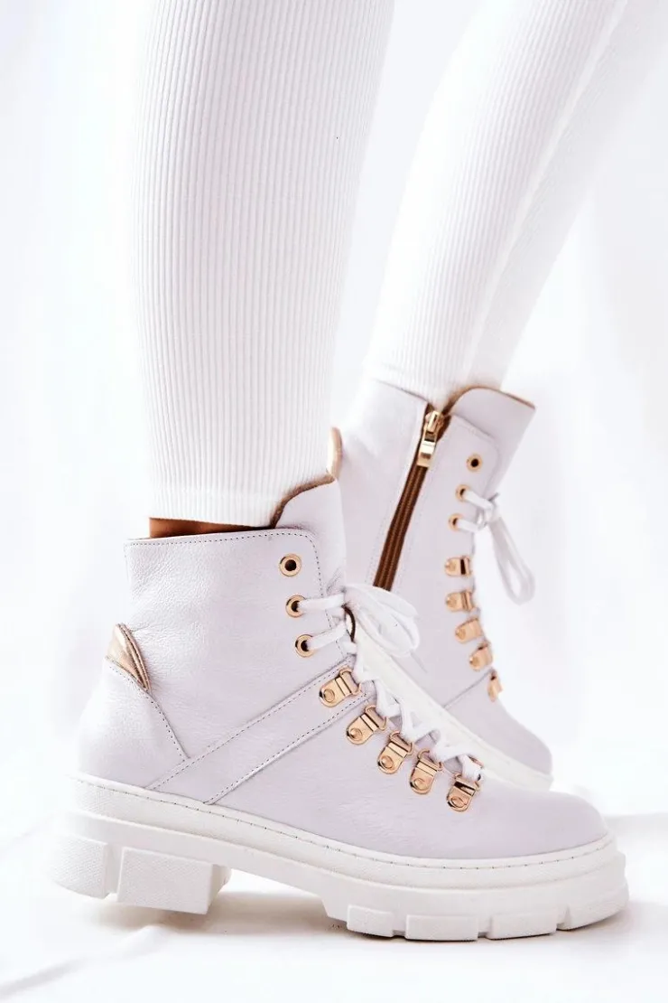 Boto Botki Sznurowane|Botki Płaskie*Skórzane Ocieplane Botki Białe Brescia