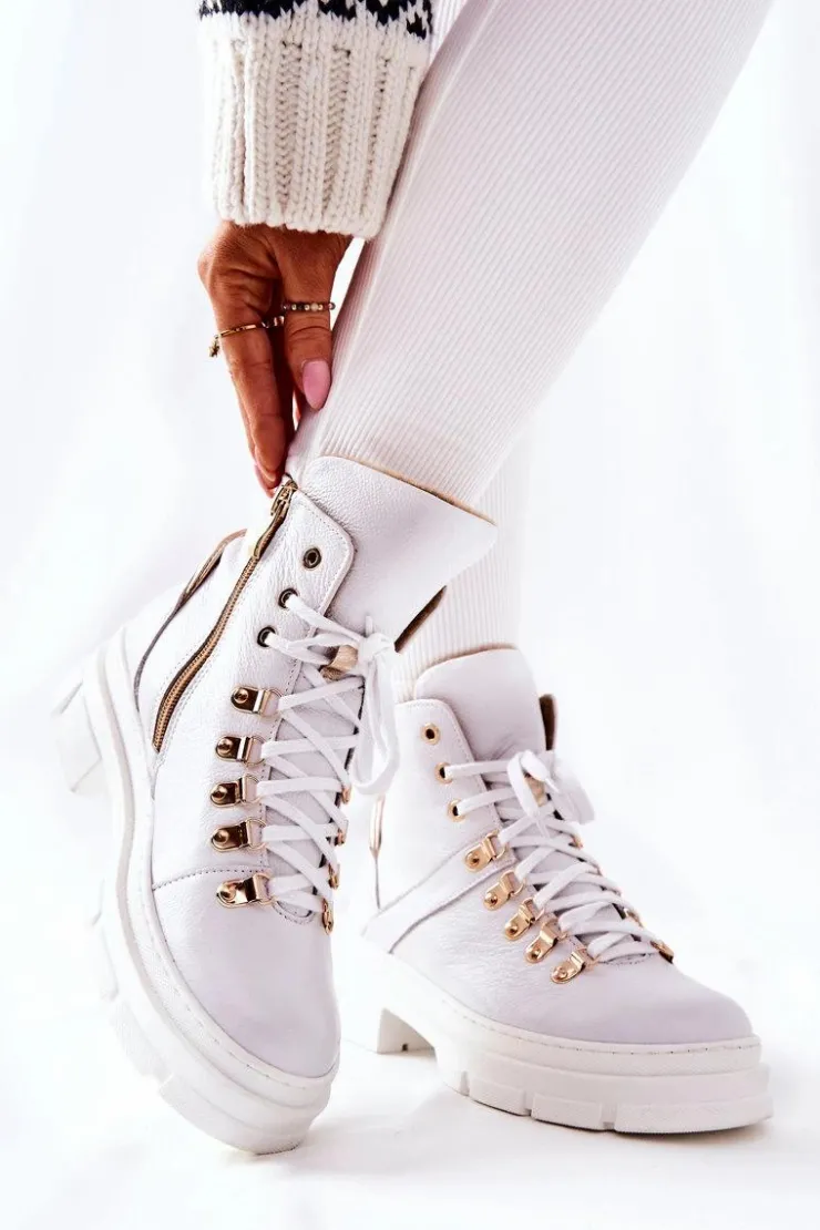 Boto Botki Sznurowane|Botki Płaskie*Skórzane Ocieplane Botki Białe Brescia