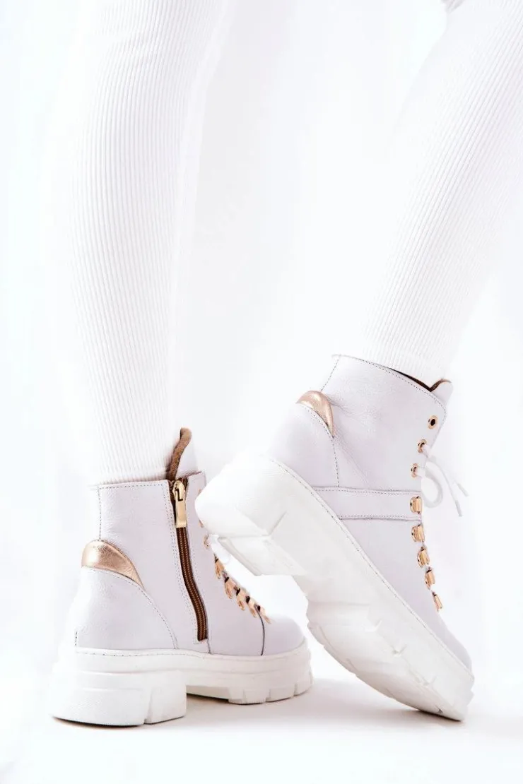 Boto Botki Sznurowane|Botki Płaskie*Skórzane Ocieplane Botki Białe Brescia