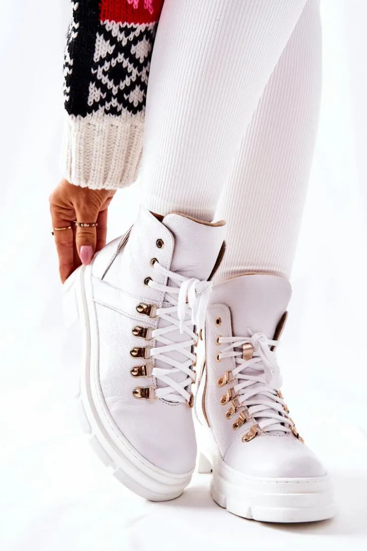 Boto Botki Sznurowane|Botki Płaskie*Skórzane Ocieplane Botki Białe Brescia