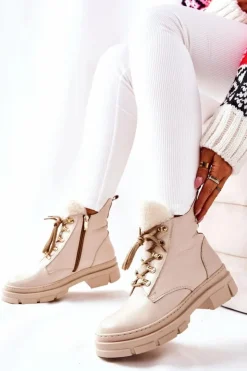 Boto Skórzane Ocieplane Botki Beżowe Molissa