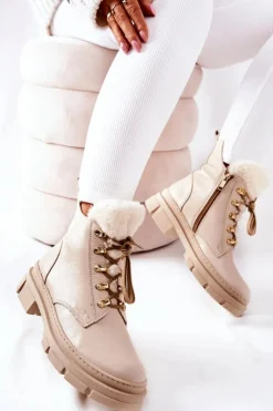 Boto Skórzane Ocieplane Botki Beżowe Molissa