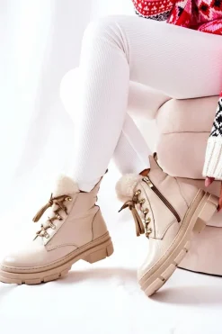 Boto Skórzane Ocieplane Botki Beżowe Molissa