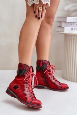 Maciejka Botki Maciejka|Botki Skórzane*Skórzane Ocieplane Botki Damskie Na Płaskim Obcasie 06106-08 Czerwone