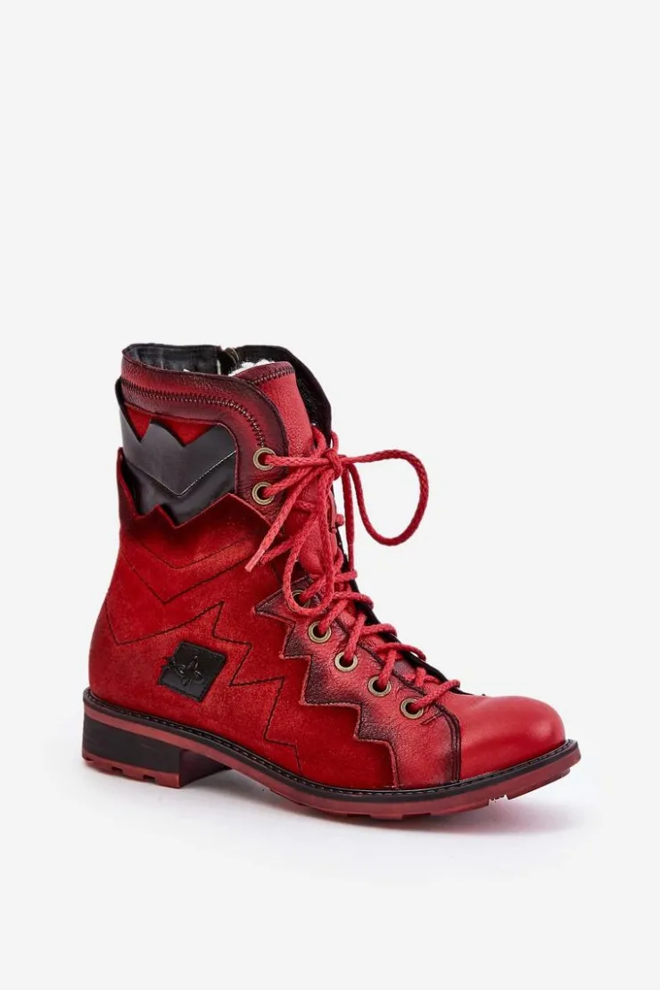 Maciejka Botki Maciejka|Botki Skórzane*Skórzane Ocieplane Botki Damskie Na Płaskim Obcasie 06106-08 Czerwone