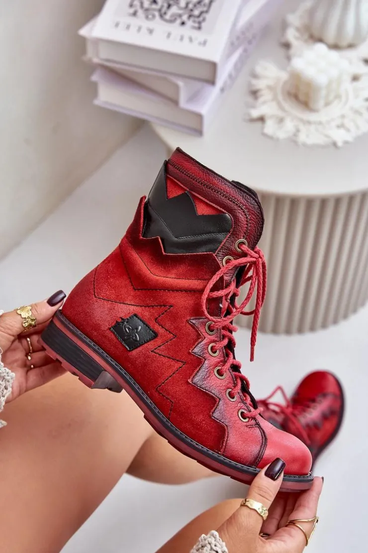 Maciejka Botki Maciejka|Botki Skórzane*Skórzane Ocieplane Botki Damskie Na Płaskim Obcasie 06106-08 Czerwone