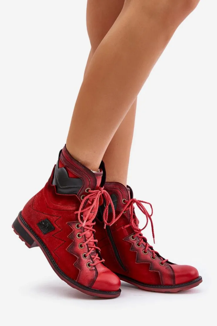 Maciejka Botki Maciejka|Botki Skórzane*Skórzane Ocieplane Botki Damskie Na Płaskim Obcasie 06106-08 Czerwone