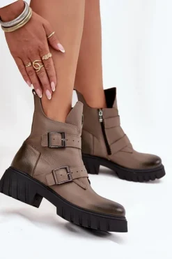 Zazoo Botki Ocieplane|Botki Na Obcasie*Skórzane Ocieplane Botki Damskie Z Klamrami I Ozdobnym Detalem 60482 Ciemnobeżowe Beżowy