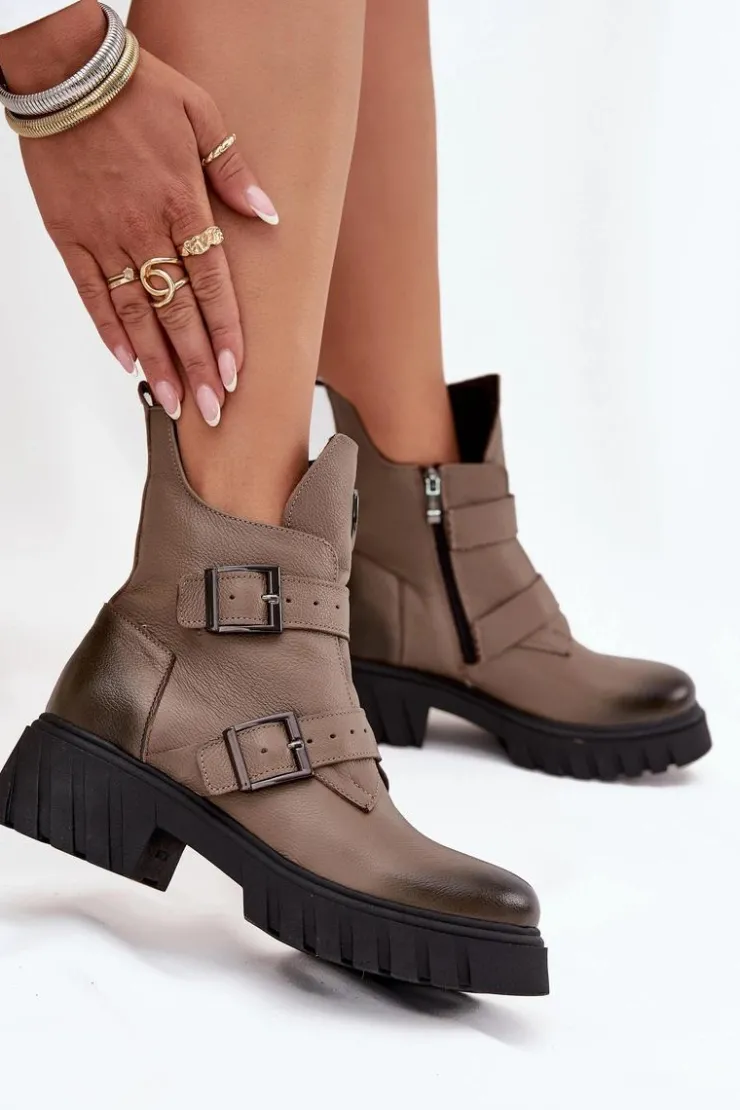 Zazoo Botki Ocieplane|Botki Na Obcasie*Skórzane Ocieplane Botki Damskie Z Klamrami I Ozdobnym Detalem 60482 Ciemnobeżowe Beżowy