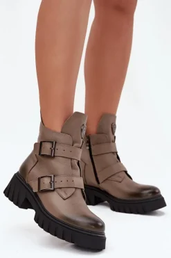 Zazoo Botki Ocieplane|Botki Na Obcasie*Skórzane Ocieplane Botki Damskie Z Klamrami I Ozdobnym Detalem 60482 Ciemnobeżowe Beżowy