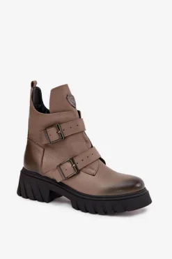 Zazoo Botki Ocieplane|Botki Na Obcasie*Skórzane Ocieplane Botki Damskie Z Klamrami I Ozdobnym Detalem 60482 Ciemnobeżowe Beżowy