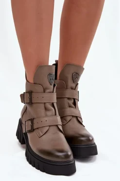 Zazoo Botki Ocieplane|Botki Na Obcasie*Skórzane Ocieplane Botki Damskie Z Klamrami I Ozdobnym Detalem 60482 Ciemnobeżowe Beżowy