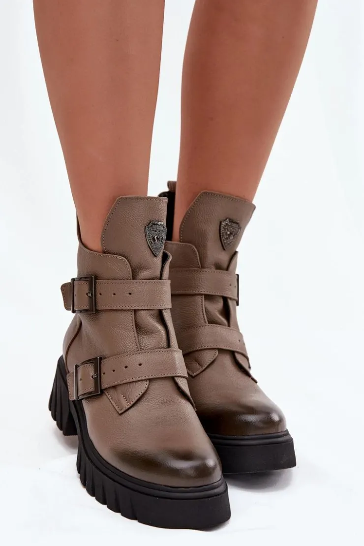 Zazoo Botki Ocieplane|Botki Na Obcasie*Skórzane Ocieplane Botki Damskie Z Klamrami I Ozdobnym Detalem 60482 Ciemnobeżowe Beżowy