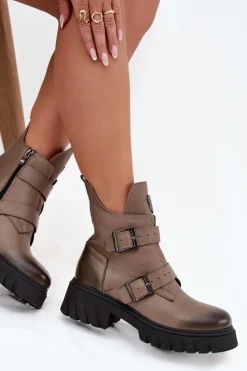 Zazoo Botki Ocieplane|Botki Na Obcasie*Skórzane Ocieplane Botki Damskie Z Klamrami I Ozdobnym Detalem 60482 Ciemnobeżowe Beżowy