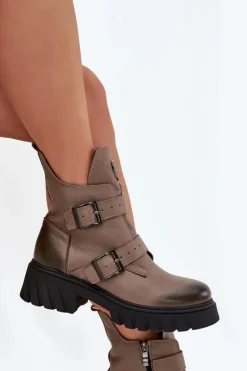 Zazoo Botki Ocieplane|Botki Na Obcasie*Skórzane Ocieplane Botki Damskie Z Klamrami I Ozdobnym Detalem 60482 Ciemnobeżowe Beżowy