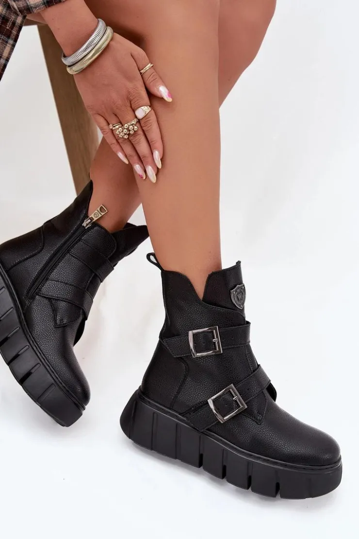 Buty damskie Vinceza Botki Ocieplane|Botki Skórzane*Skórzane Ocieplane Botki Damskie Na Platformie Z Klamrami Vinceza 66842 Czarne