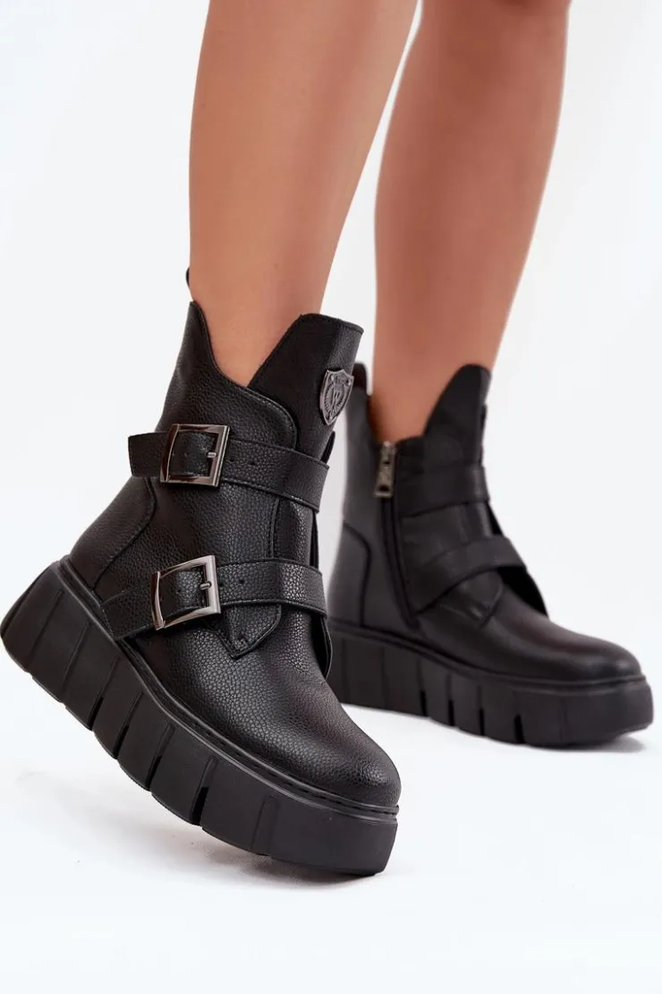Buty damskie Vinceza Botki Ocieplane|Botki Skórzane*Skórzane Ocieplane Botki Damskie Na Platformie Z Klamrami Vinceza 66842 Czarne